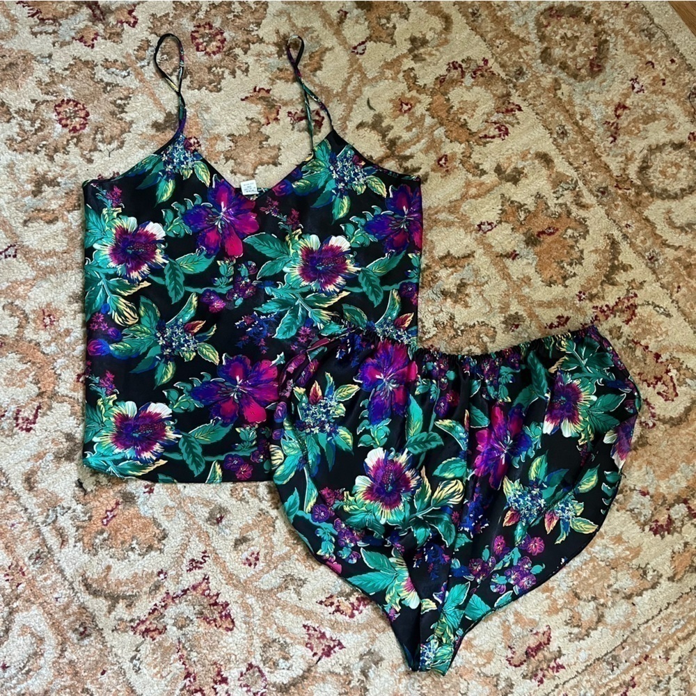 Vintage Satin Tropical Floral Satin Tank & Shorts Pajama Set S